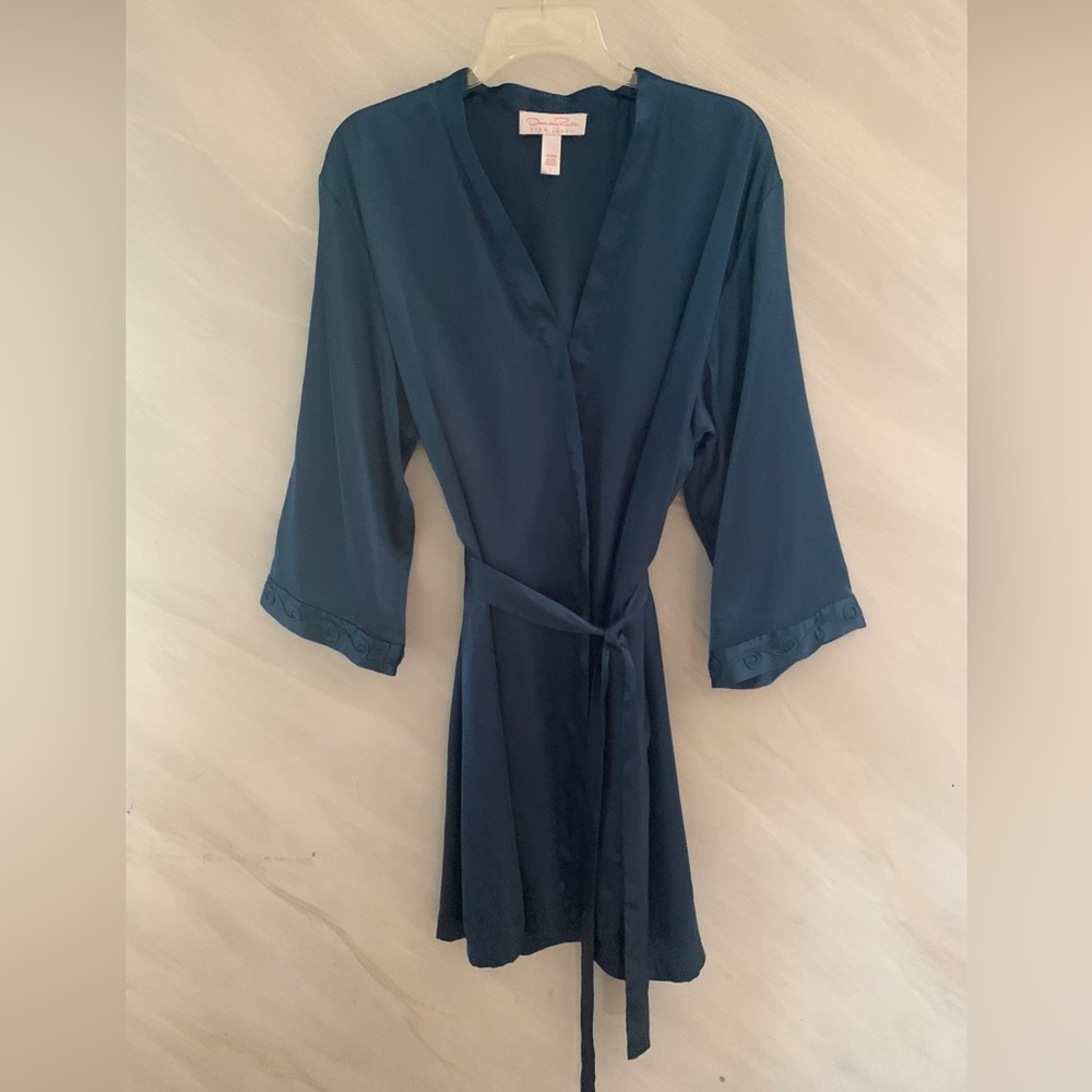 Oscar De La Renta Pink Label L Teal Shiny Satin Robe